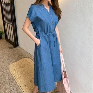 Half-placket Drawstring-waist Dress Dark Blue - One Size