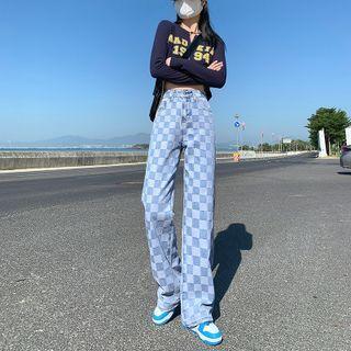 Mid Rise Checkerboard Loose Fit Jeans