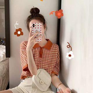 Short-sleeve Houndstooth Polo Knit Top