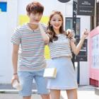 Couple Matching Striped Short-sleeve T-shirt / High Waist A-line Skirt / Plain Shorts