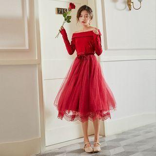 Off-shoulder Mesh Panel Midi A-line Dress