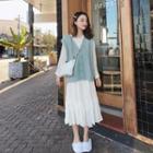 Long-sleeve A-line Midi Dress / Buttoned Knit Vest / Set