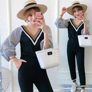 Set: Striped Sleeve V-neck Top + Jogger Pants