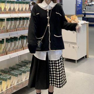 Contrast Trim Cardigan / Shirt / Diamond Pattern Midi A-line Skirt