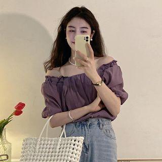 Short-sleeve Plain Blouse Purple - One Size