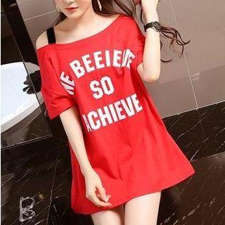 Short-sleeve Lettering T-shirt Dress 1730 - White - L