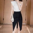 Set: One-shoulder Top + Slit-front Midi Pencil Skirt