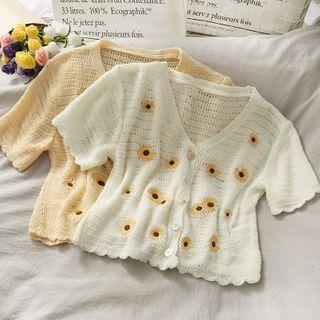 Daisy Embroidered Button-up Light Knit Top