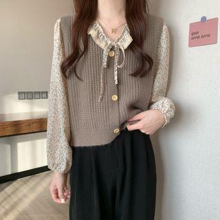 Lapel Lace-up Strap Floral Long-sleeve Shirt / V-neck Knit Tank Top