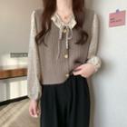 Lapel Lace-up Strap Floral Long-sleeve Shirt / V-neck Knit Tank Top