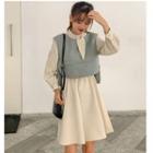 Set: Long-sleeve A-line Dress + Dip Back Vest