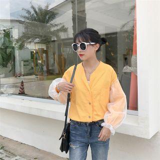 Stand Collar Mesh Sleeve Blouse