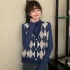 Argyle Button-up Knit Vest / Long-sleeve Mock-neck Plain Top