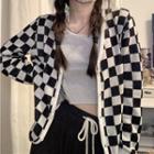 V-neck Plaid Knit Cardigan Black - One Size