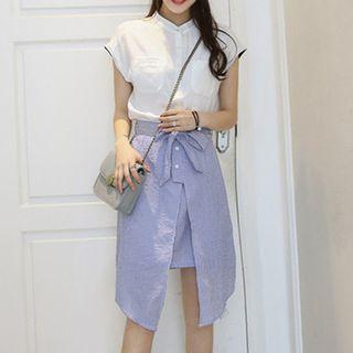 Set: Pocketed Sleeveless Shirt + Striped A-line Skirt