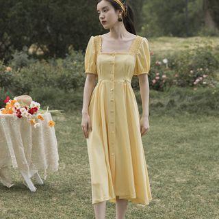 Puff-sleeve Square-neck Buttoned A-line Midi Dress