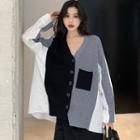 Long-sleeve Buttoned Color Block Knit Top As Shown In Figure - One Size