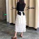 Tie-back Short-sleeve Top / Layered Midi Skirt