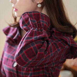 Ruffle-collar Bell-sleeve Plaid Blouse Wine Red - One Size
