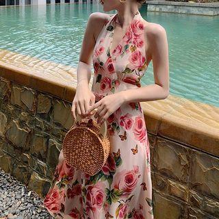 Halter Open-back Flower Print Midi Dress