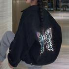 Reflective Butterfly Print Denim Jacket Black - One Size