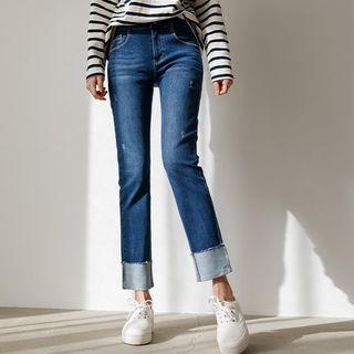 Rollup Distressed Straight-leg Jeans