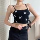 Spaghetti Strap Butterfly Applique Crop Top Black - One Size