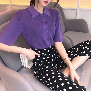 Knit Short-sleeve Top / Crop Wide Leg Pants