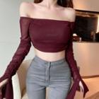 Bell-sleeve Off-shoulder Mesh Crop Top