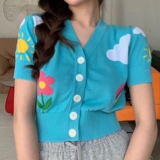 Short-sleeve Print Cropped Cardigan Sky Blue - One Size