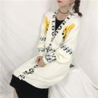 Squirrel Jacquard Lettering Long Cardigan White - One Size