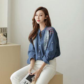 Mandarin-collar Embroidery Denim Shirt