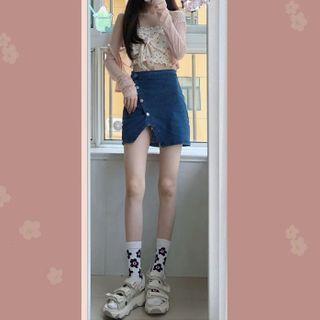Floral Print Camisole Top / Cardigan / Mini Denim Pencil Skirt / Set