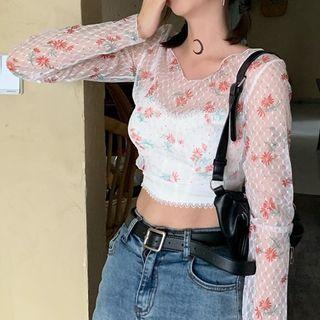 Long-sleeve Floral Mesh Crop Top / Camisole Top