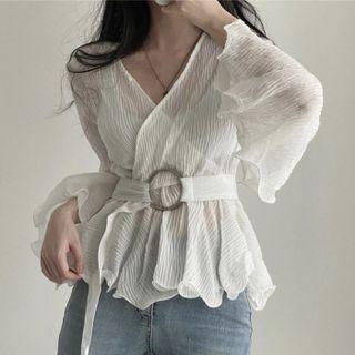 V-neck Lace-up Long-sleeve Shirt