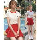 Cherry Embroidered Short-sleeve T-shirt / High Waist Pleated Skirt