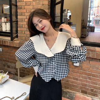 Double Breasted Plaid Blouse Black - One Size