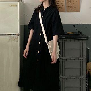 Plain Single-breasted Short-sleeve Dress Black - One Size