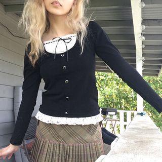 Long Sleeve Mock Two Piece Bow Detail Lace-trim Crop Top