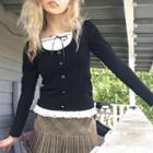 Long Sleeve Mock Two Piece Bow Detail Lace-trim Crop Top