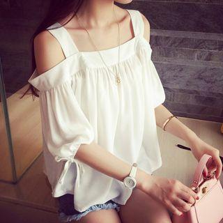 Cold-shoulder Short-sleeve Chiffon Top White - One Size