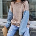 Denim-sleeve Ripped Sweater Light Pink - One Size