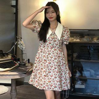 Contrast Collar Floral Mini A-line Dress Floral - White - One Size