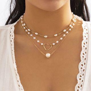 Set Of 3: Heart / Faux Pearl Pendant Alloy Necklace (various Designs)