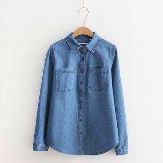 Plain Long-sleeve Denim Blouse