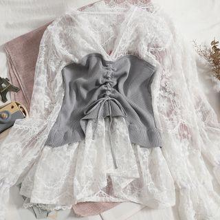 Long-sleeve Drawstring Panel Lace Blouse