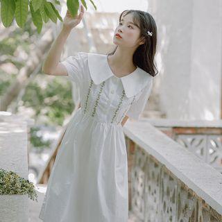 Short-sleeve Wide Collar Floral Embroidered Midi A-line Dress