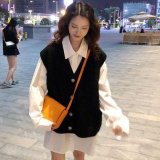 Long-sleeve Mini Shirtdress / Buttoned Knit Vest