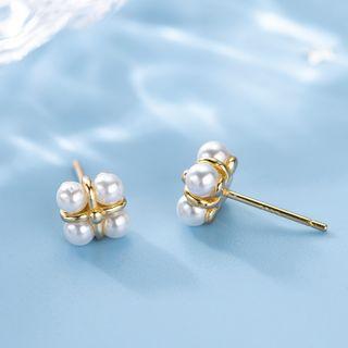 925 Sterling Silver Faux Pearl Stud Earring 1 Pair - E148 - Gold - One Size
