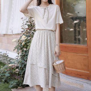 Set: Short-sleeve Bow T-shirt + Floral A-line Midi Skirt